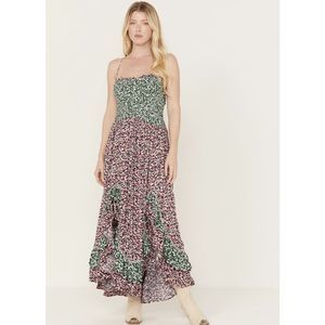 Free People Green and Pink Floral Midi Dress